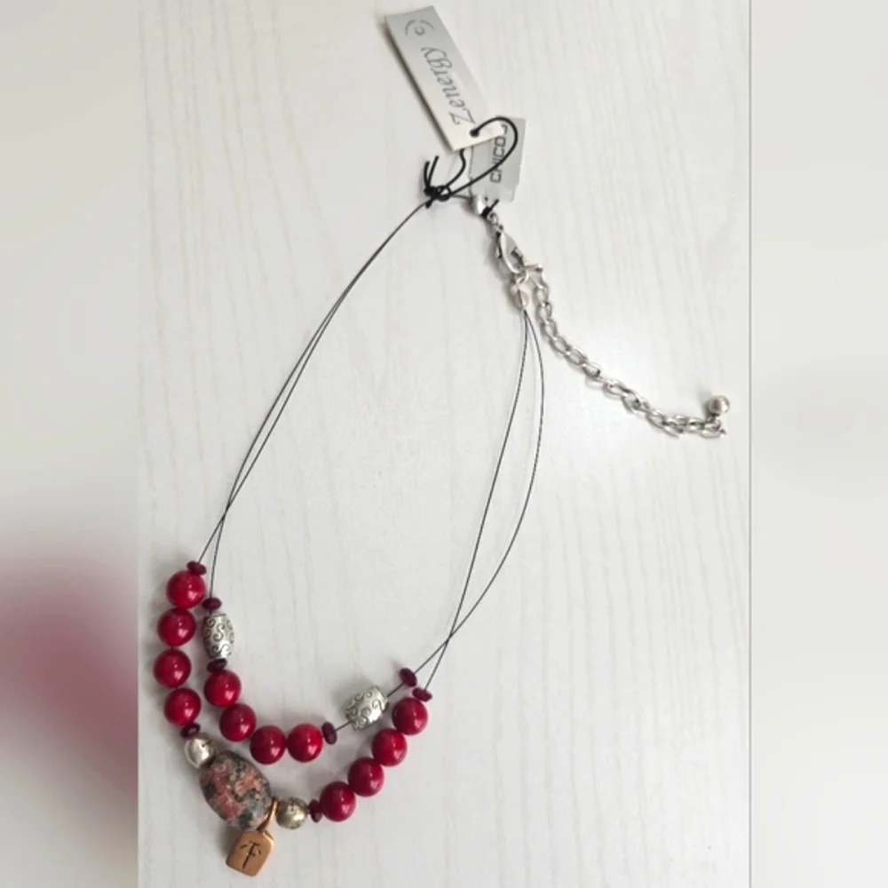 Chico's Zenergy Beaded Necklace with Jasper Stone Red & Silver Accents - Picture 6 of 6